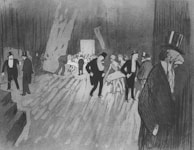 A monochromatic illustration depicting a scene in a theater or cabaret. Several men wearing formal attire including top hats are scattered around the space, some of them near the sides and others interacting with women who appear to be performers. The background includes a crowd of seated people near the center and stage equipment or props. The setting is dimly lit, casting deep shadows and highlighting the contrast between light and dark areas.