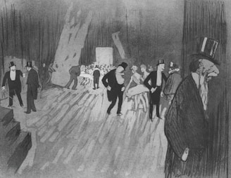 A monochromatic illustration depicting a scene in a theater or cabaret. Several men wearing formal attire including top hats are scattered around the space, some of them near the sides and others interacting with women who appear to be performers. The background includes a crowd of seated people near the center and stage equipment or props. The setting is dimly lit, casting deep shadows and highlighting the contrast between light and dark areas.
