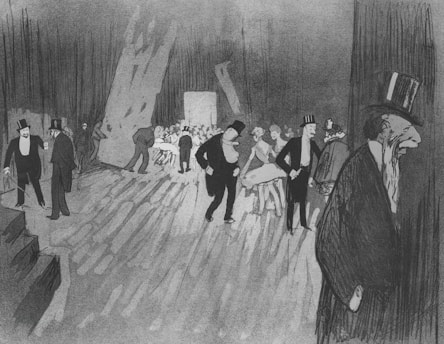 A monochromatic illustration depicting a scene in a theater or cabaret. Several men wearing formal attire including top hats are scattered around the space, some of them near the sides and others interacting with women who appear to be performers. The background includes a crowd of seated people near the center and stage equipment or props. The setting is dimly lit, casting deep shadows and highlighting the contrast between light and dark areas.