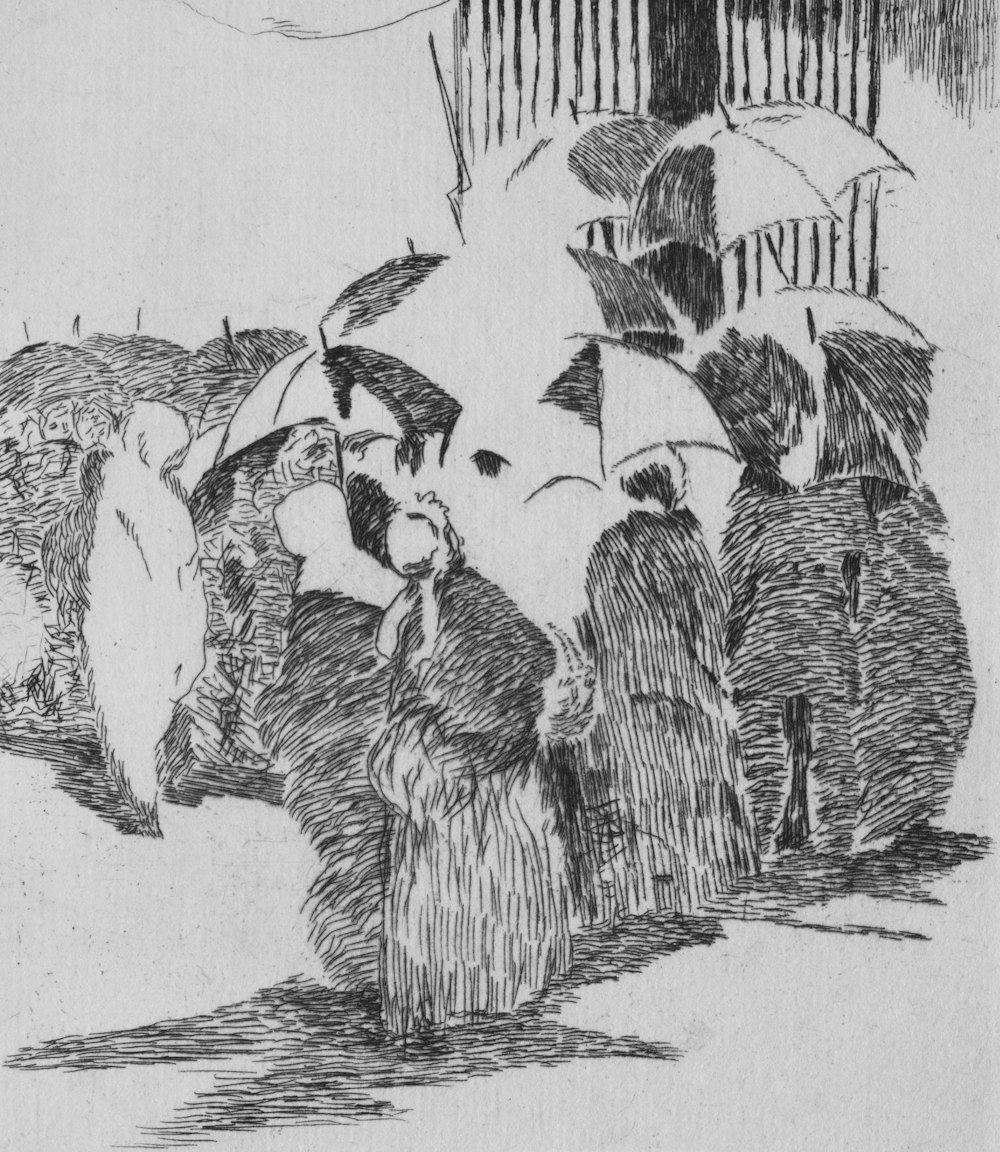 a drawing of a group of people with umbrellas