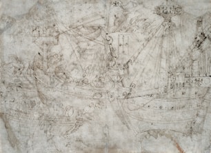 A detailed sketch of several ships, featuring intricate rigging and numerous figures on board. The ships appear to be engaged in some activity, possibly a naval encounter or exploration. The drawing style is intricate and historical, suggesting a scene from the Age of Sail.