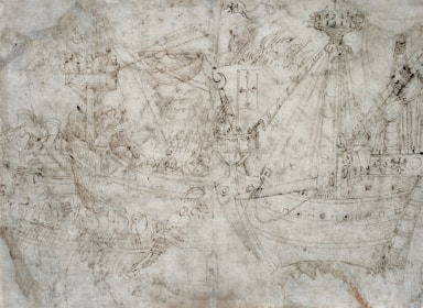 A detailed sketch of several ships, featuring intricate rigging and numerous figures on board. The ships appear to be engaged in some activity, possibly a naval encounter or exploration. The drawing style is intricate and historical, suggesting a scene from the Age of Sail.