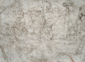 Sketches and blueprints of a sleek naval vessel, illustrating our naval architecture work.