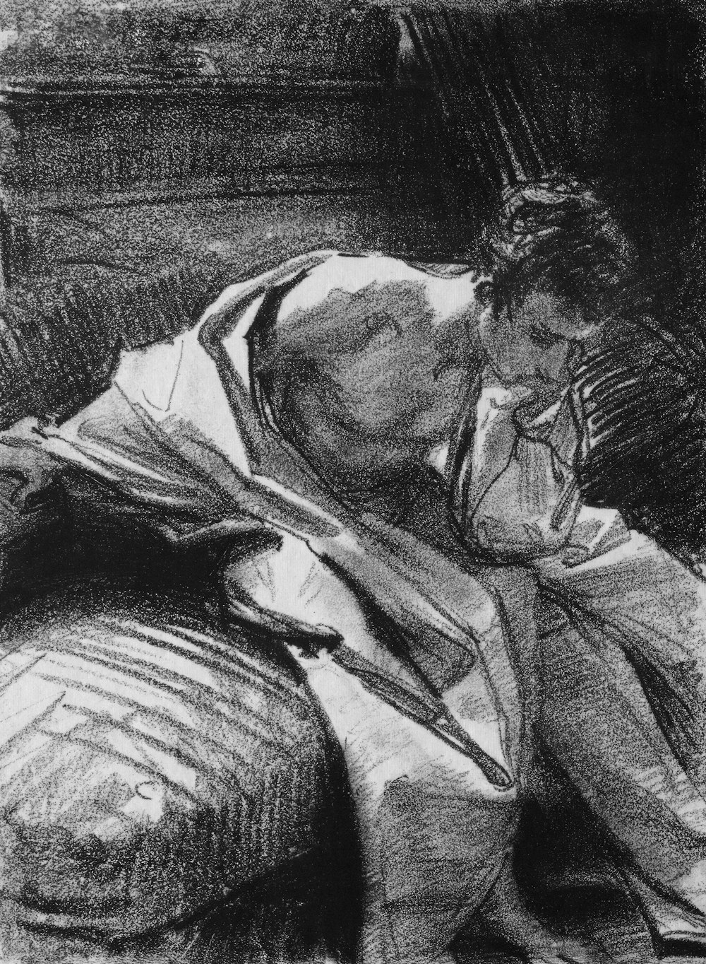 a black and white drawing of a woman laying on a bed
