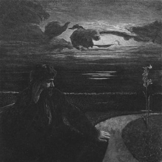 A person sits contemplatively in the foreground, with a hand resting on their head. A pathway curves beside them, and a tall flower stands near the path. The sky is dark and cloudy, with a luminous section in the center, suggesting an eerie, moonlit night.