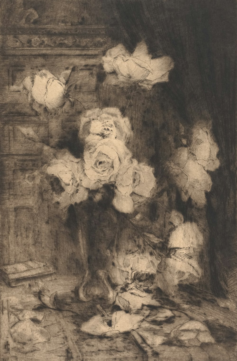 a black and white drawing of flowers in a vase