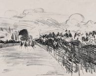 A monochrome sketch depicting a horse race in progress on a track, with several horses and jockeys moving forward. The scene is dynamic, with a focus on movement and energy. There is a grandstand full of spectators watching the race on the right side.