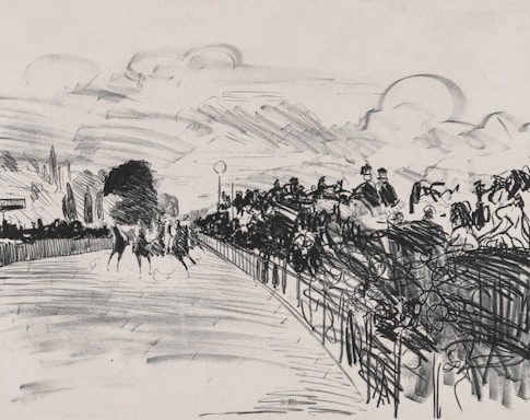 A monochrome sketch depicting a horse race in progress on a track, with several horses and jockeys moving forward. The scene is dynamic, with a focus on movement and energy. There is a grandstand full of spectators watching the race on the right side.