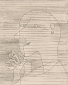 Minimalist sketch of a human face with expressive lines on a neutral background.