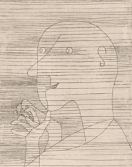 A minimalist line drawing of a human face in profile, characterized by continuous horizontal lines intersecting the outline. The facial features are simplified, with prominent eyes and a hand gently placed near the mouth.