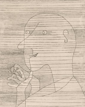 A minimalist line drawing of a human face in profile, characterized by continuous horizontal lines intersecting the outline. The facial features are simplified, with prominent eyes and a hand gently placed near the mouth.