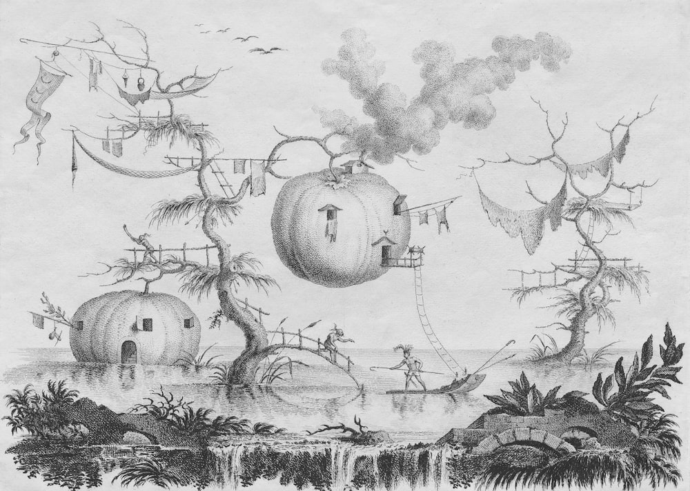 a black and white drawing of a landscape
