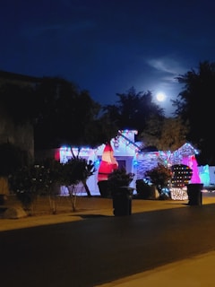 Wide angle of a suburban neighborhood street with several houses lit up in coordinated light shows, creating a joyful holiday scene.