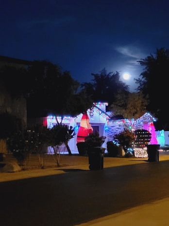 Wide angle of a suburban neighborhood street with several houses lit up in coordinated light shows, creating a joyful holiday scene.