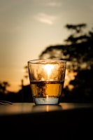 Golden mead being poured into a glass, sunlight highlighting its rich amber color.