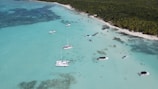An aerial view of a tropical beach features clear turquoise waters and several boats scattered around in the shallow area. The shoreline is lined with dense green palm trees, and there are small groups of people in the water.