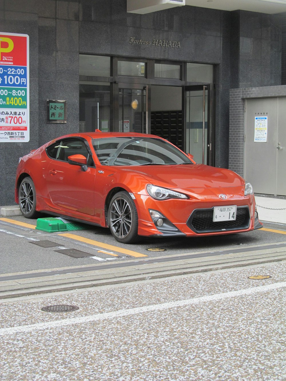 a red sports car parked in front of a building