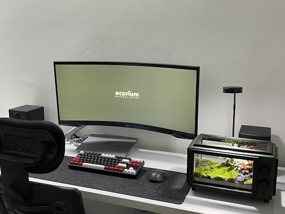 A minimalist workstation setup features a curved monitor displaying the word 'ecofium' with a subheading 'Natural Decor'. A mechanical keyboard with multi-colored keys and a mouse are placed on a dark desk mat. To the right of the keyboard, there is a small aquarium with plants and decorative elements. The chair has a mesh back and is black in color. The room has a light grey wall, and the desk is clean and white.