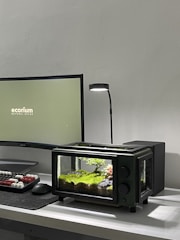 A modern desk setup featuring a large computer monitor displaying 'ecorium natural decor' next to a small terrarium designed to resemble a miniature television. The terrarium contains lush green moss and a tiny bonsai tree, with rocks for decoration. The overall aesthetic is minimalist, enhanced by a sleek desk lamp and a mechanical keyboard with red and white keys.