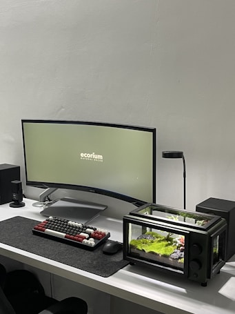 A modern, minimalist workspace featuring a curved monitor displaying the text 'ecorium Natural Decor'. A mechanical keyboard with a black, white, and red keys is placed on a dark desk mat. To the right of the workspace, there is a small, well-maintained terrarium with plants and moss. Other elements include a sleek black desk lamp, a mouse, a trackpad, and a small black speaker.