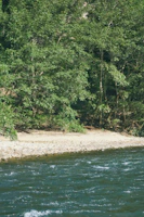 A calm river channel reinforced with stones to prevent flooding, surrounded by lush greenery