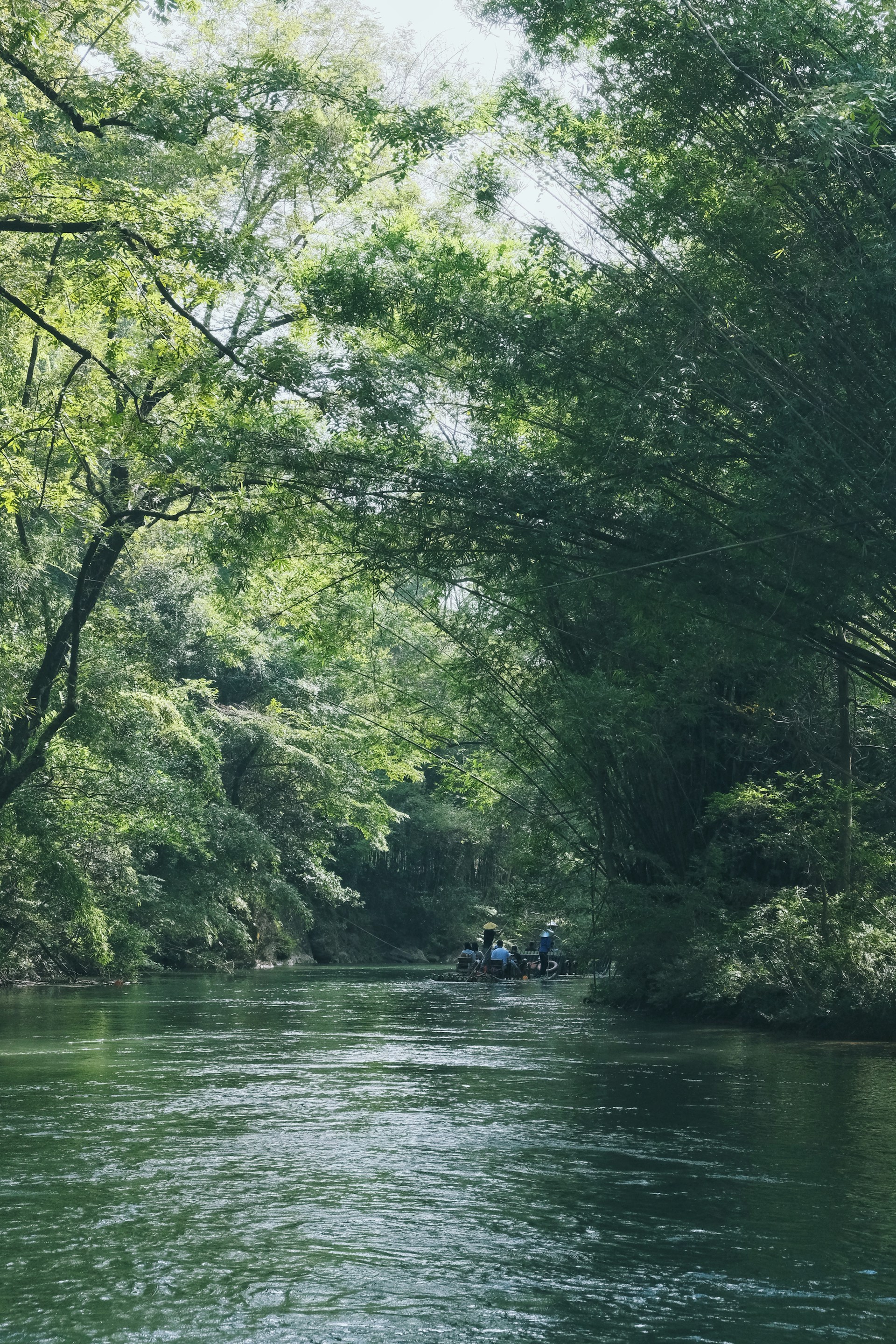 A serene river winding through dense jungle with a small boat carrying travelers in the distance.