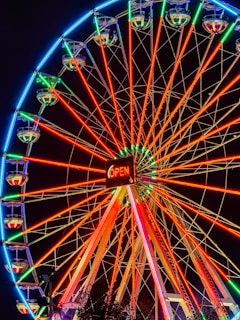 a large ferris wheel lit up at night