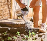 a person pouring water from a watering can into a garden