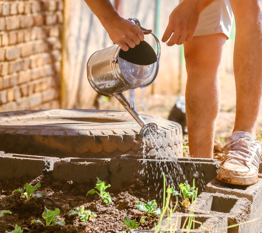 a person pouring water from a watering can into a garden