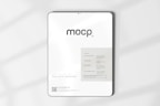 A digital mockup featuring a tablet with a minimalistic design. The screen displays a sleek interface with the word 'mocp' prominently at the top. Below it, there's information about features such as very realistic output and fully editable resolution. The background is clean and white, accented by soft shadows.