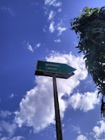 A directional sign pointing towards a library, standing against a vibrant blue sky with scattered white clouds. The sign is green with text in both a non-English script and English. Part of a tree with green leaves is visible to the right.