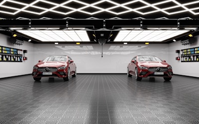 A garage transformed with stylish interlocking floor tiles.