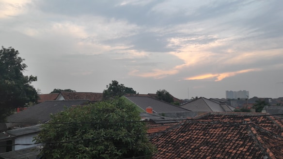 A residential area with numerous rooftops is visible, some covered with red tiles, others with gray shingles. Trees are scattered throughout the area, and in the background, there’s a city skyline with several tall buildings under a cloudy sky at sunset.