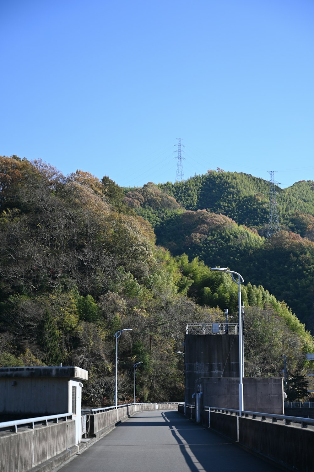 a view of a bridge with hills in the background