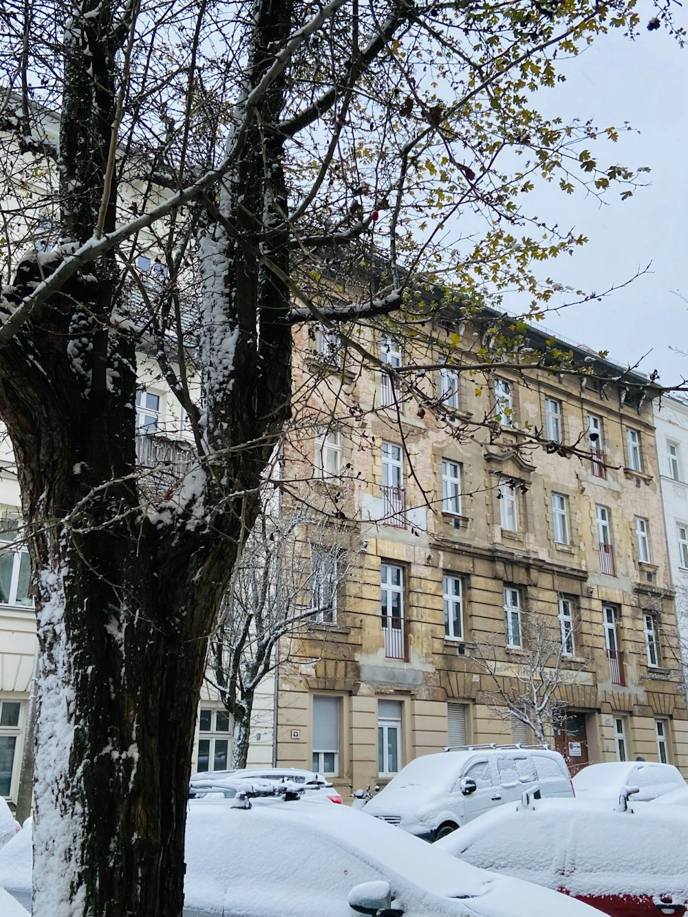 a snow covered parking lot next to a tall building