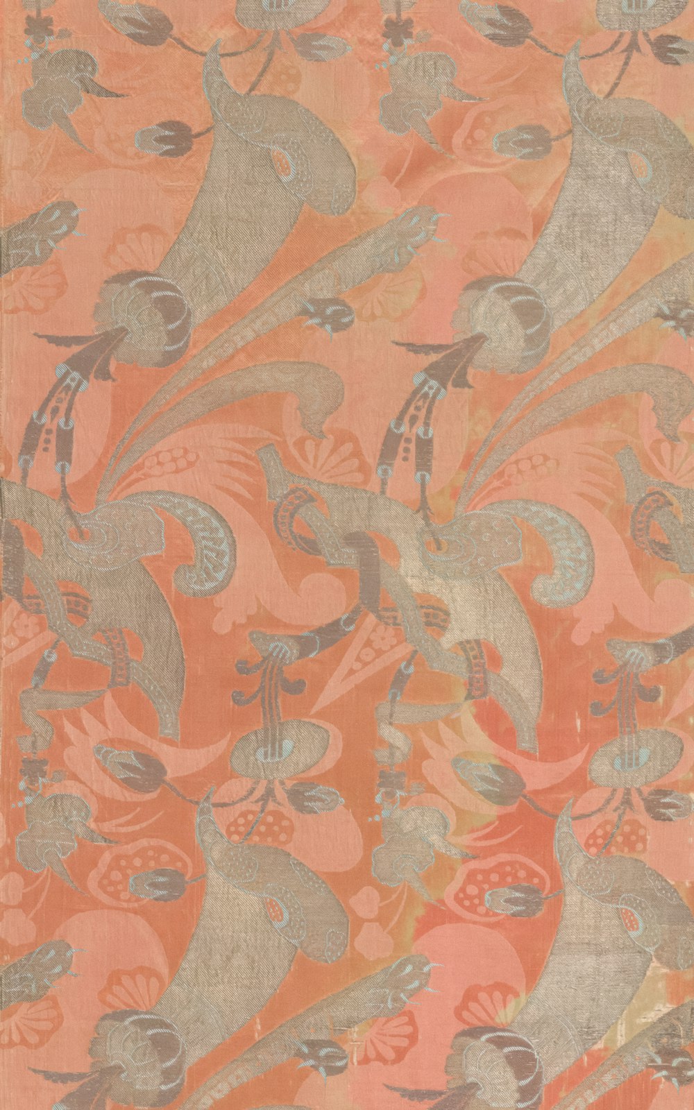 an orange and grey rug with birds on it