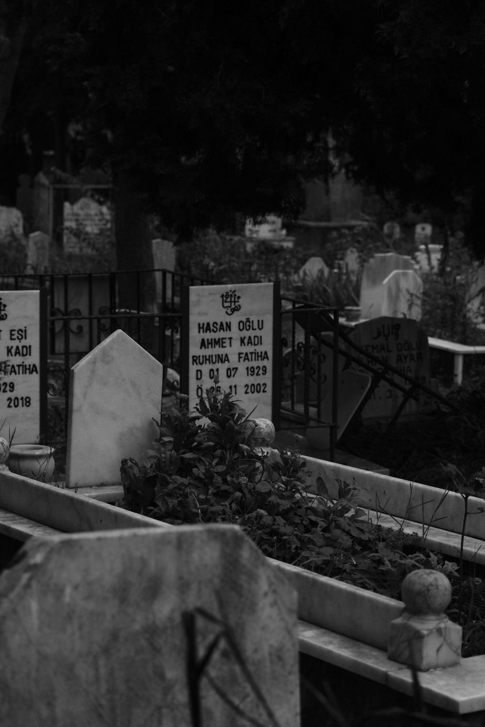 a cemetery with tombstones and headstones in black and white