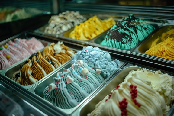 A vibrant display of various gelato flavors in cups.