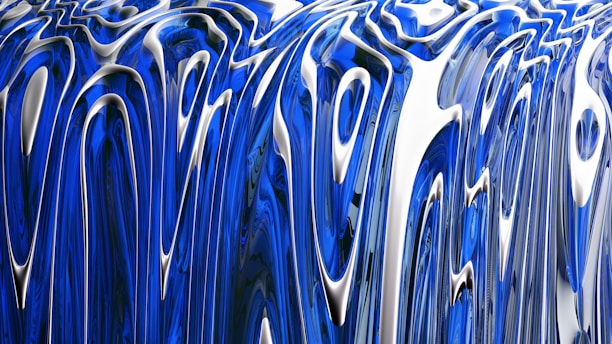 Abstract flowing wave patterns in royal blue and silver blending into a futuristic tech background.