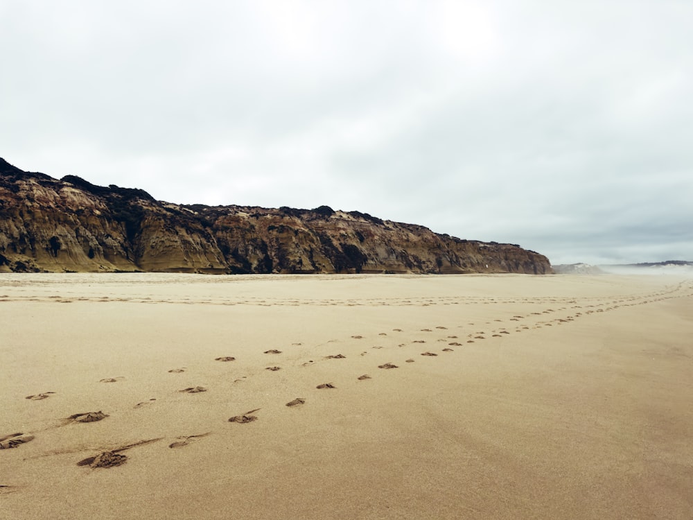 a sandy beach with footprints in the sand