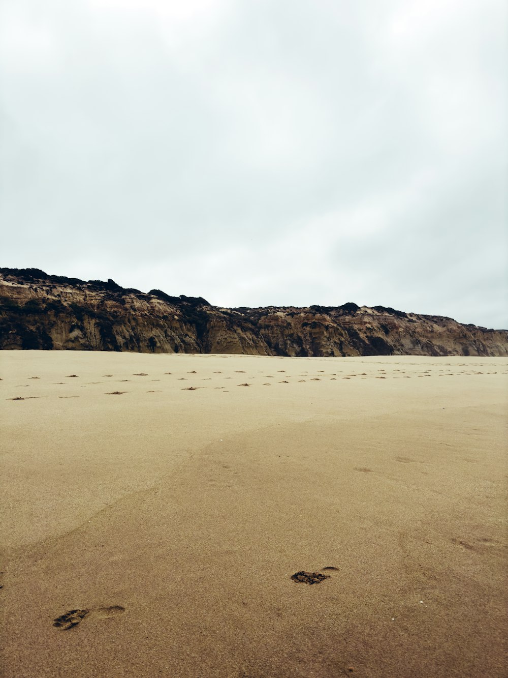 footprints in the sand on a beach with a mountain in the background