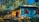 A colorful house amidst lush greenery with trees surrounding it. The building is painted in blue and yellow with contrasting red railings. Sunlight streams through the foliage, creating patterns of light and shadow on the house and ground.
