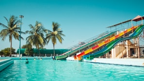 A vibrant water park scene features colorful water slides curving alongside a large pool. Tall palm trees are in the background under a clear blue sky. A few people are enjoying the water, creating an atmosphere of leisure and fun.