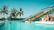 A vibrant water park scene features colorful water slides curving alongside a large pool. Tall palm trees are in the background under a clear blue sky. A few people are enjoying the water, creating an atmosphere of leisure and fun.