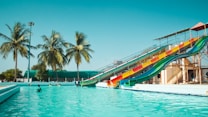 A vibrant water park scene features colorful water slides curving alongside a large pool. Tall palm trees are in the background under a clear blue sky. A few people are enjoying the water, creating an atmosphere of leisure and fun.