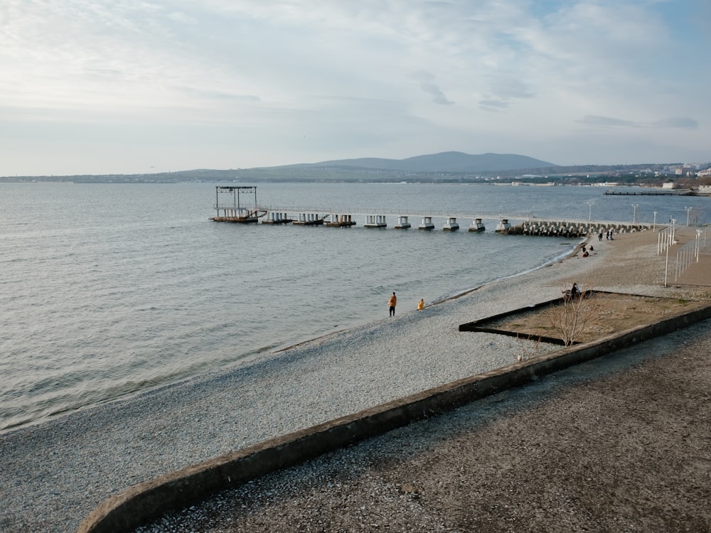 a couple of people walking along a beach next to the ocean