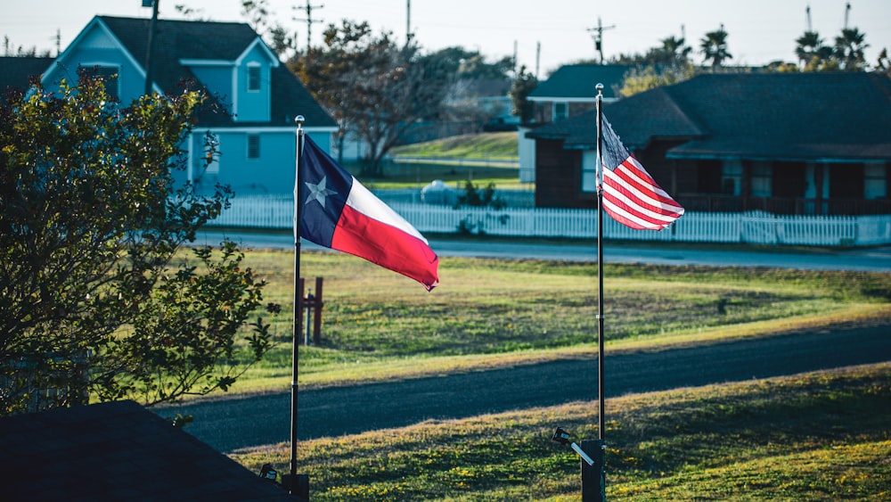 a couple of flags that are in the grass