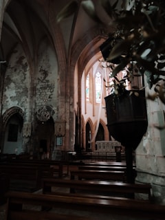 A dim, atmospheric view of an old church interior featuring wooden pews, arched ceilings, and stained glass windows. The stone walls show signs of wear and age, lending a historical feel to the space. In the foreground, a dark wooden pulpit and hanging greenery are visible.