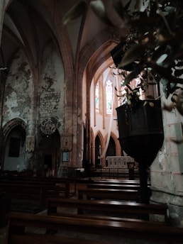 A dim, atmospheric view of an old church interior featuring wooden pews, arched ceilings, and stained glass windows. The stone walls show signs of wear and age, lending a historical feel to the space. In the foreground, a dark wooden pulpit and hanging greenery are visible.