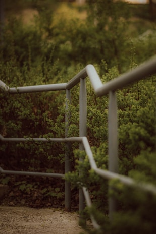 Rustic outdoor metal handrail installed along a garden pathway surrounded by lush greenery.